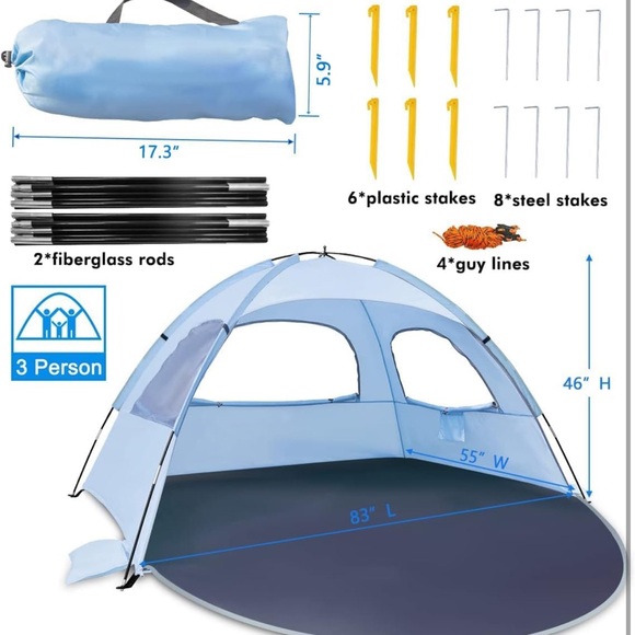 Beach Tent Anti-UV Portable Sun Shade Shelter for 3 Person, Mesh Windows - Picture 7 of 7